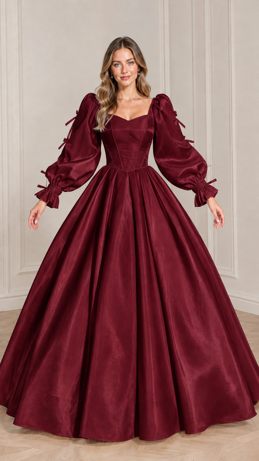 Full-length front view of burgundy red sweetheart corset ball gown with bow sleeves