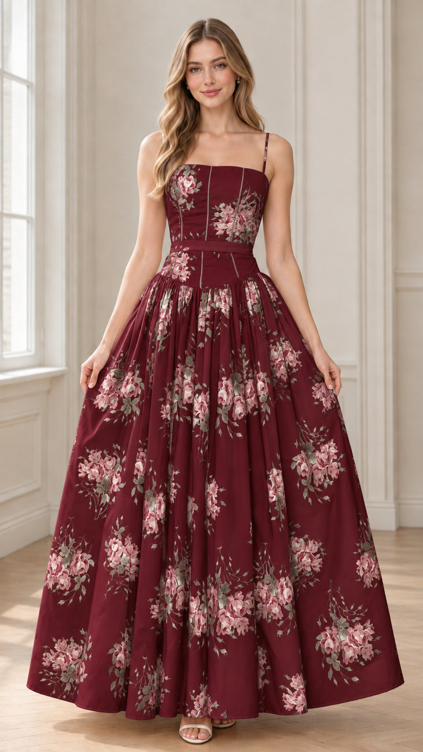 Full-length front view of model wearing burgundy wine floral corset maxi dress