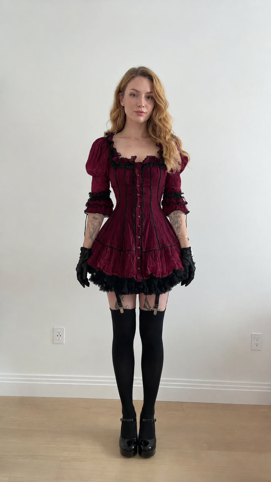 Front view of model wearing burgundy Gothic Lolita ruffle mini dress