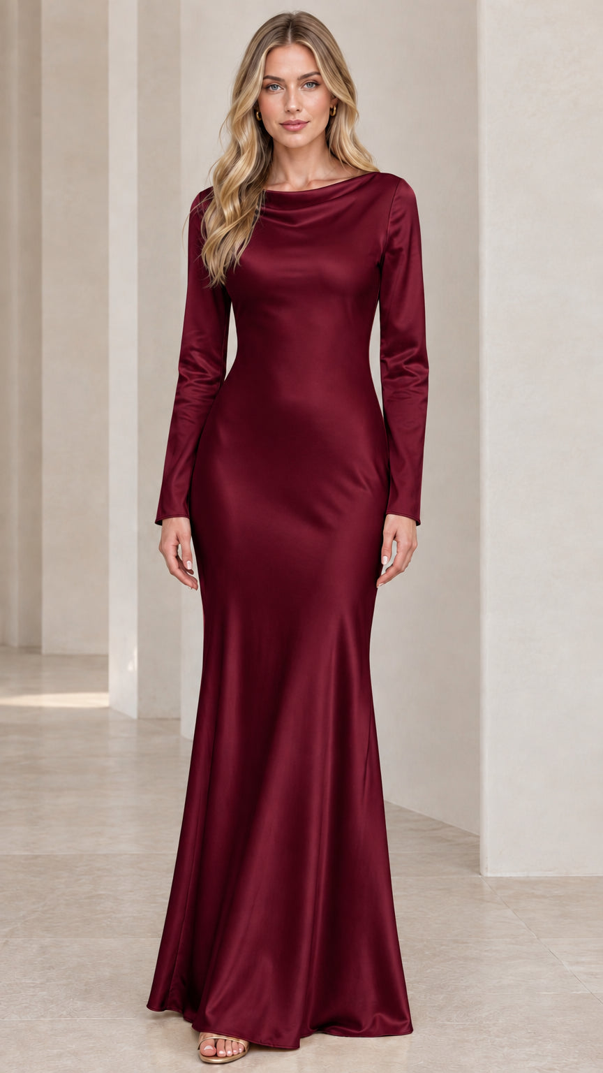 Front full-length view of model wearing burgundy wine red long sleeve satin evening gown