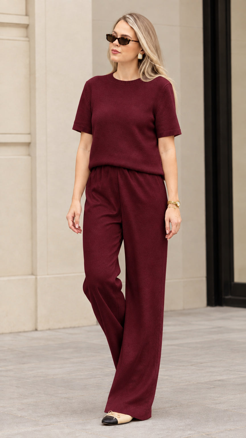 Women's burgundy textured knit short sleeve top and wide leg pant set