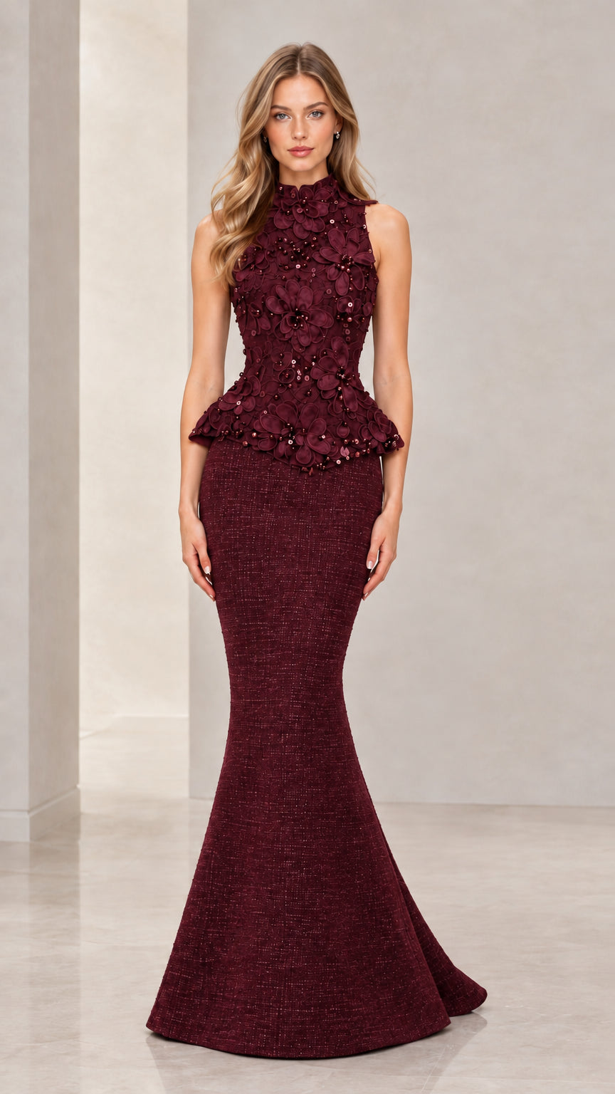 Front view of model wearing Burgundy wine floral appliqué peplum evening gown