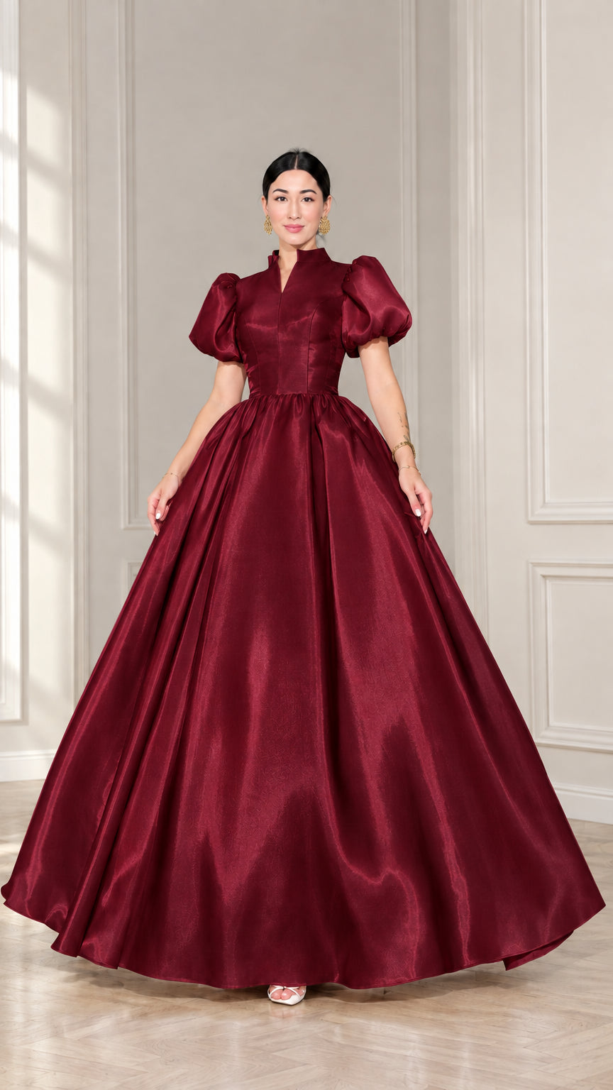 Burgundy wine red puff sleeve satin ball gown