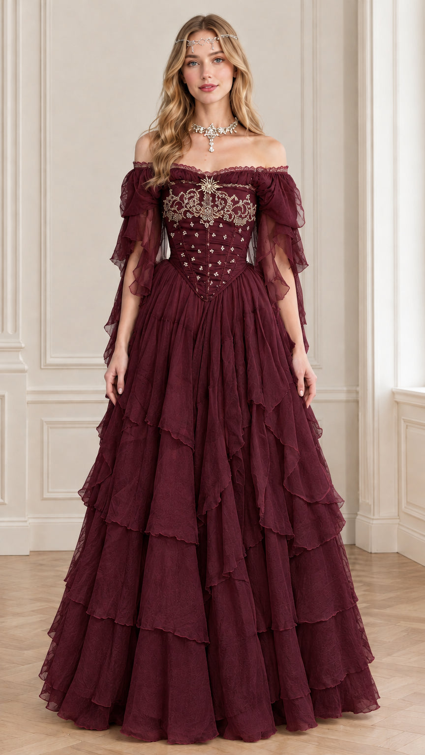 Burgundy red off-the-shoulder renaissance corset evening ball gown
