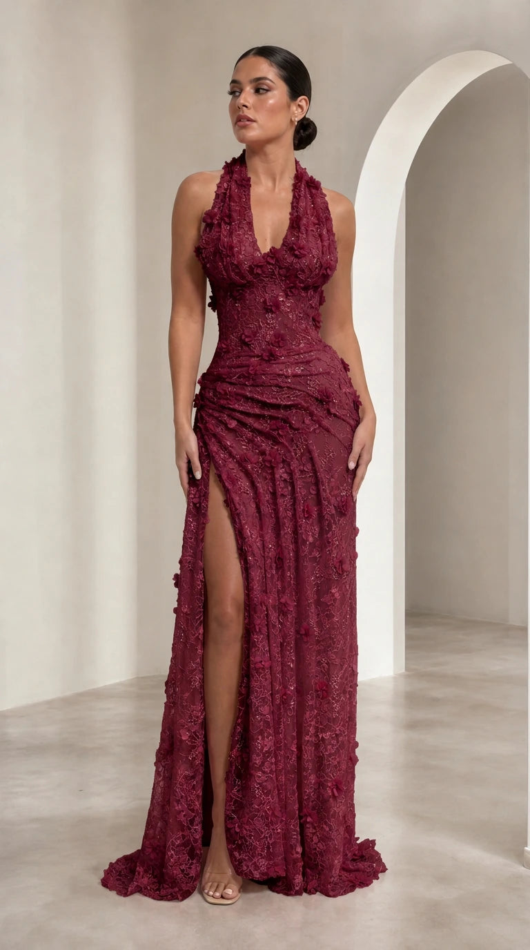 Model wearing Burgundy red 3D floral textured halter evening dress