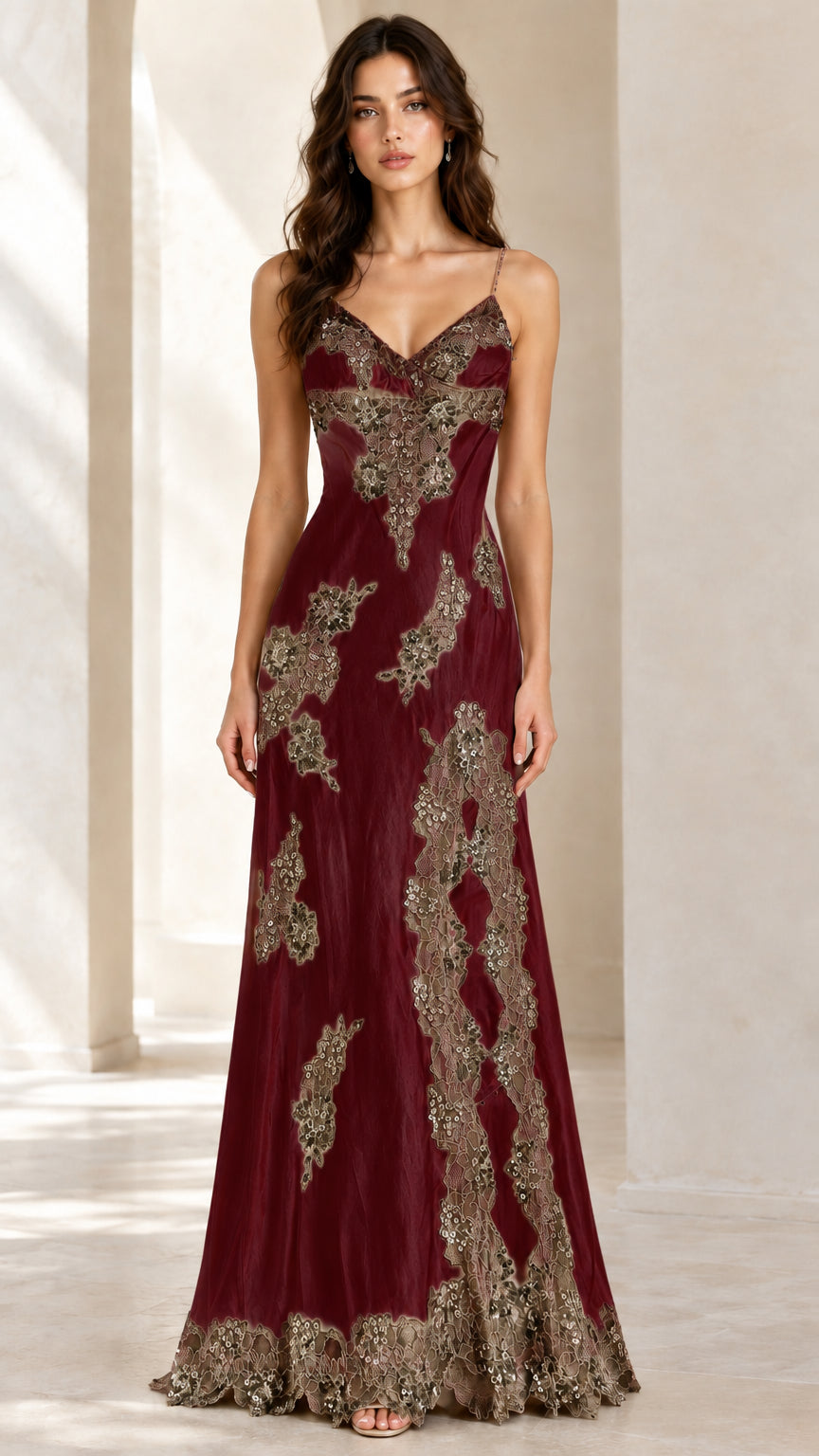 Burgundy wine red satin formal gown with contrast sequin lace overlay