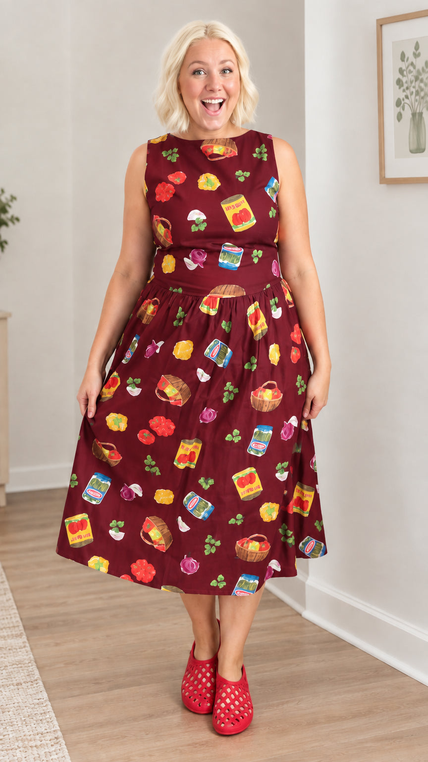 Burgundy market print sleeveless midi dress with pockets