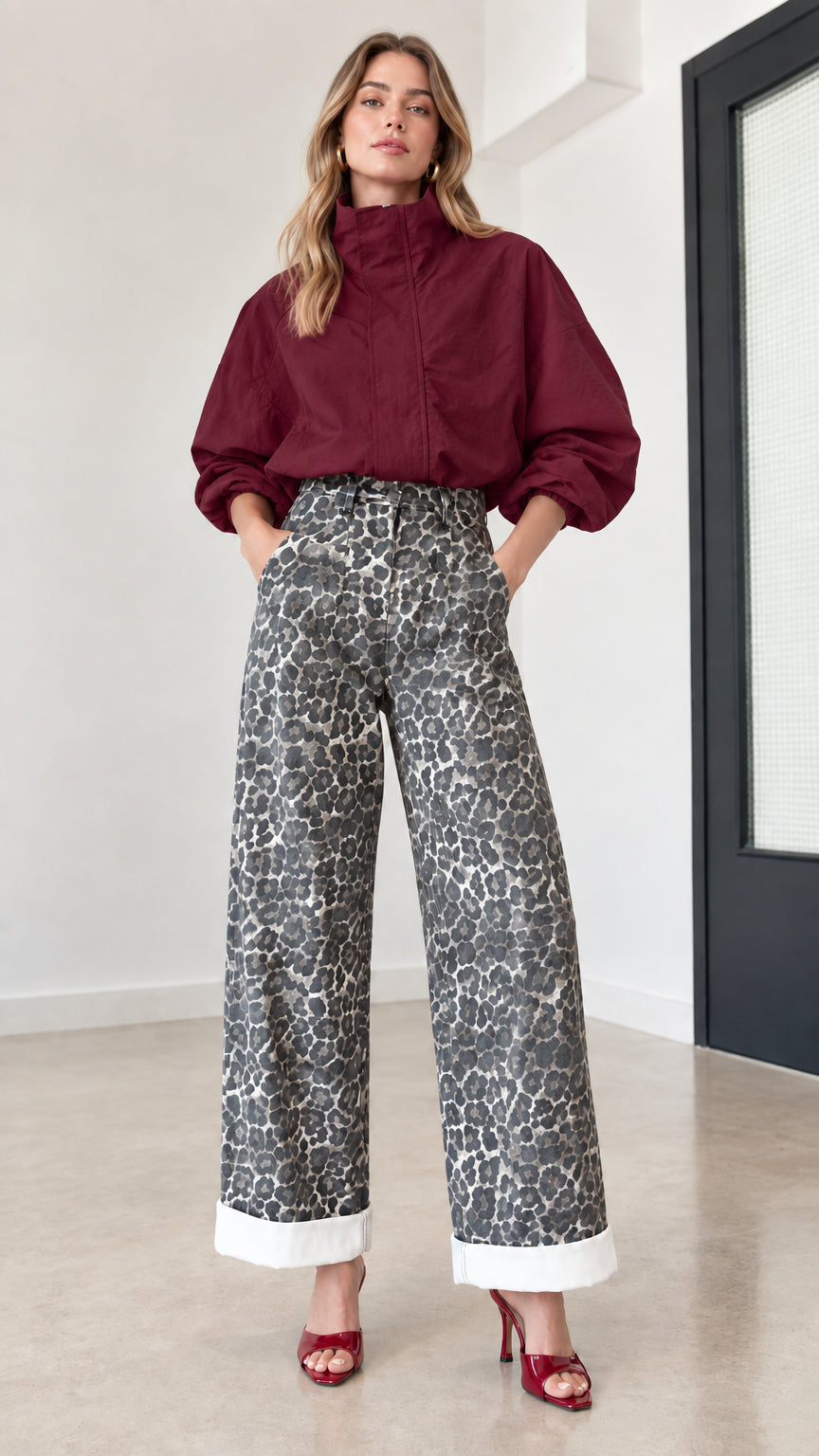 Full look featuring burgundy stand-collar top and grey leopard print wide-leg pants