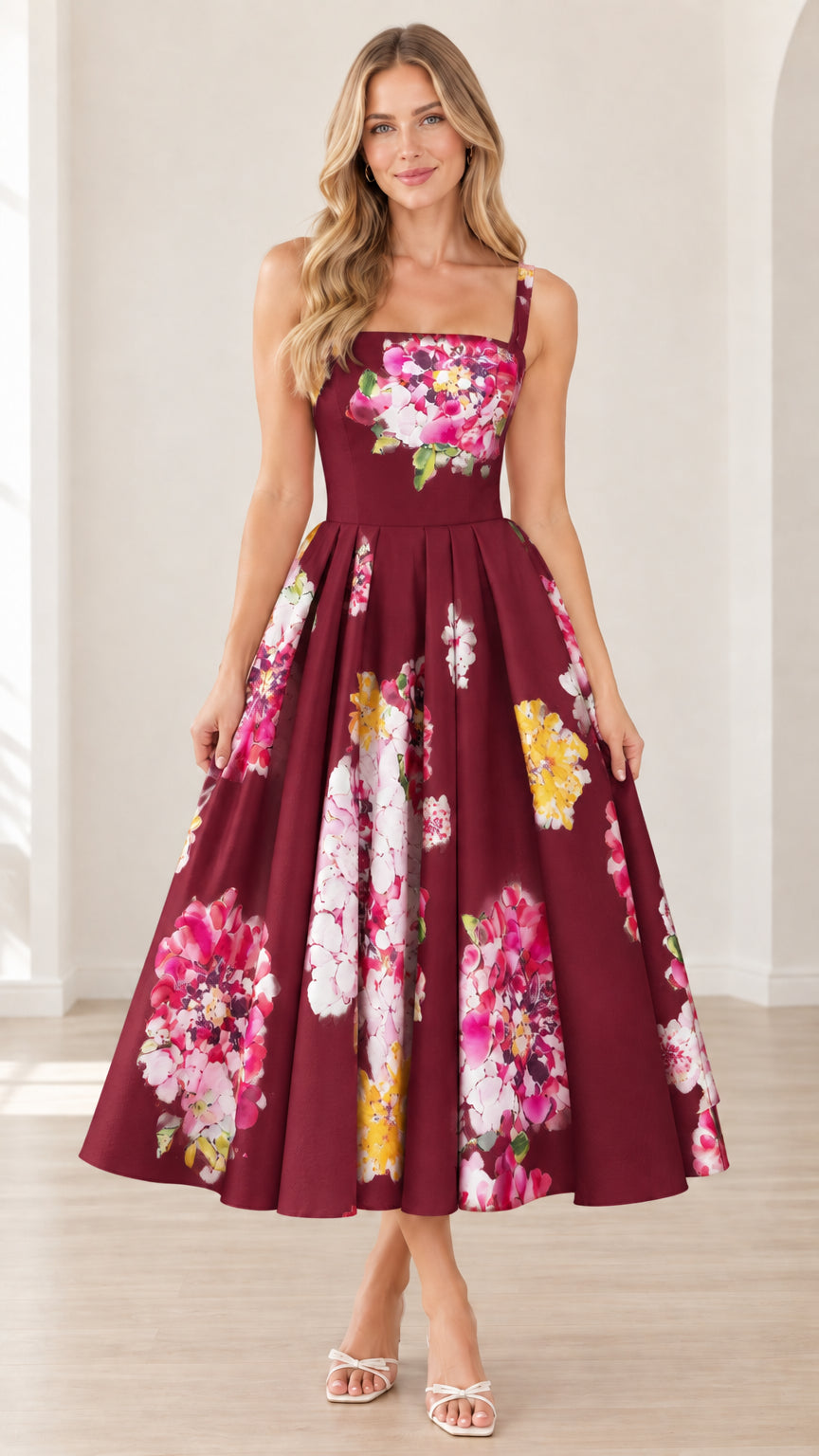 Model wearing burgundy floral square neck pleated midi dress