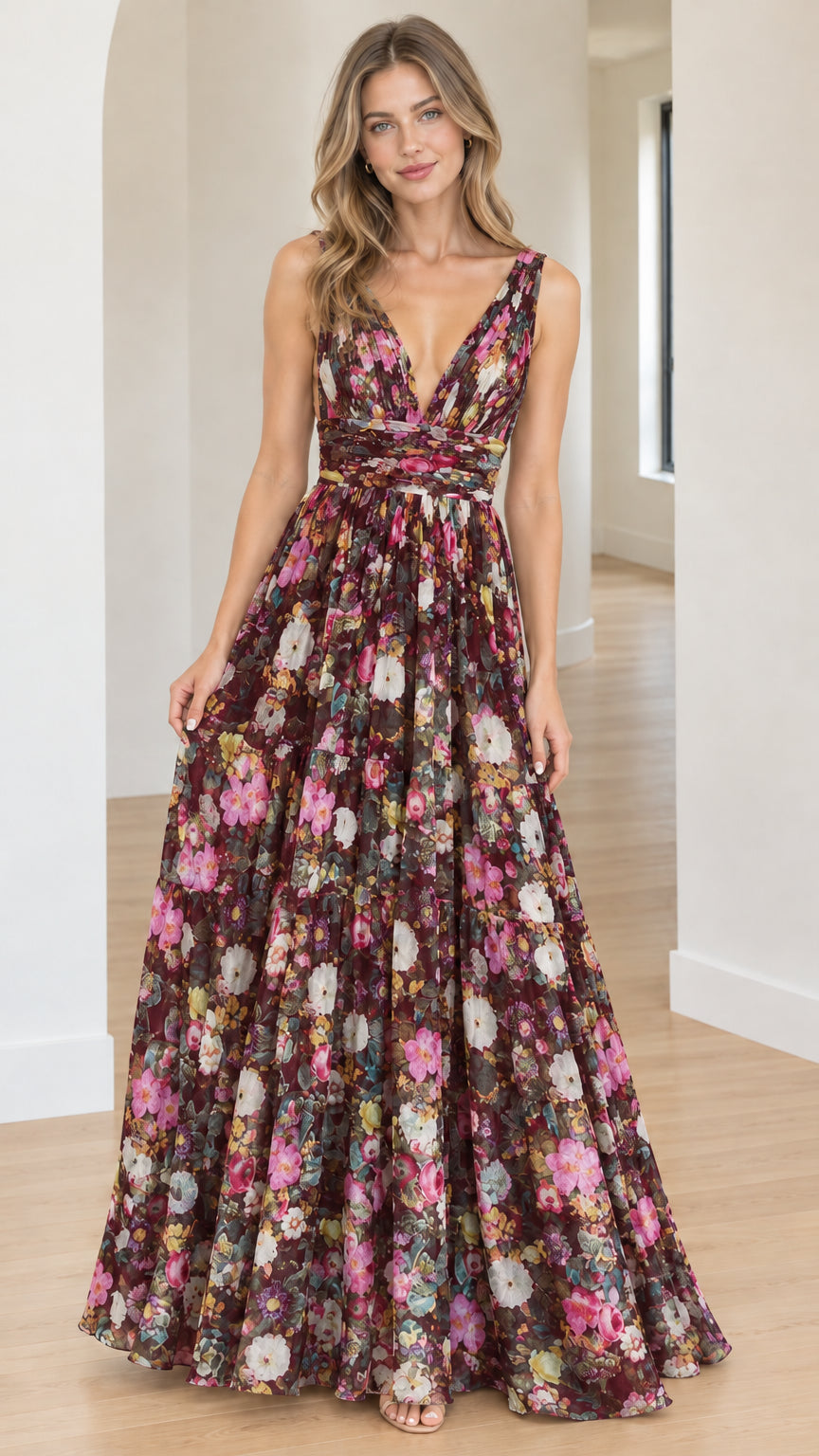 Model wearing a rich burgundy floral pleated V-neck floor-length gown