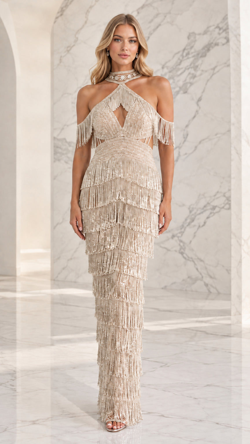 Front view of champagne gold beaded fringe halter maxi dress on model