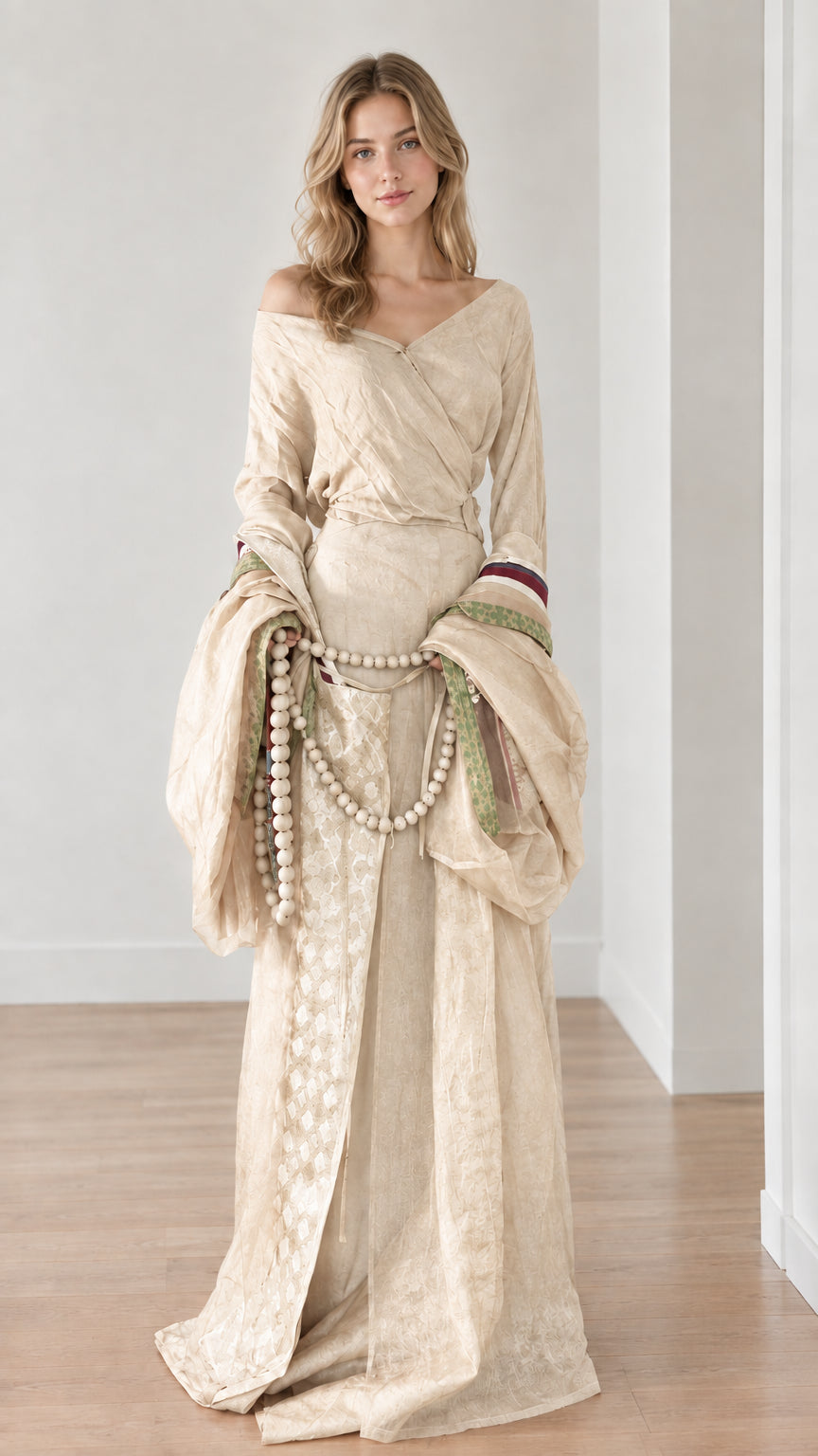 Champagne cream medieval fantasy dress with dramatic hanging sleeves and brocade detail