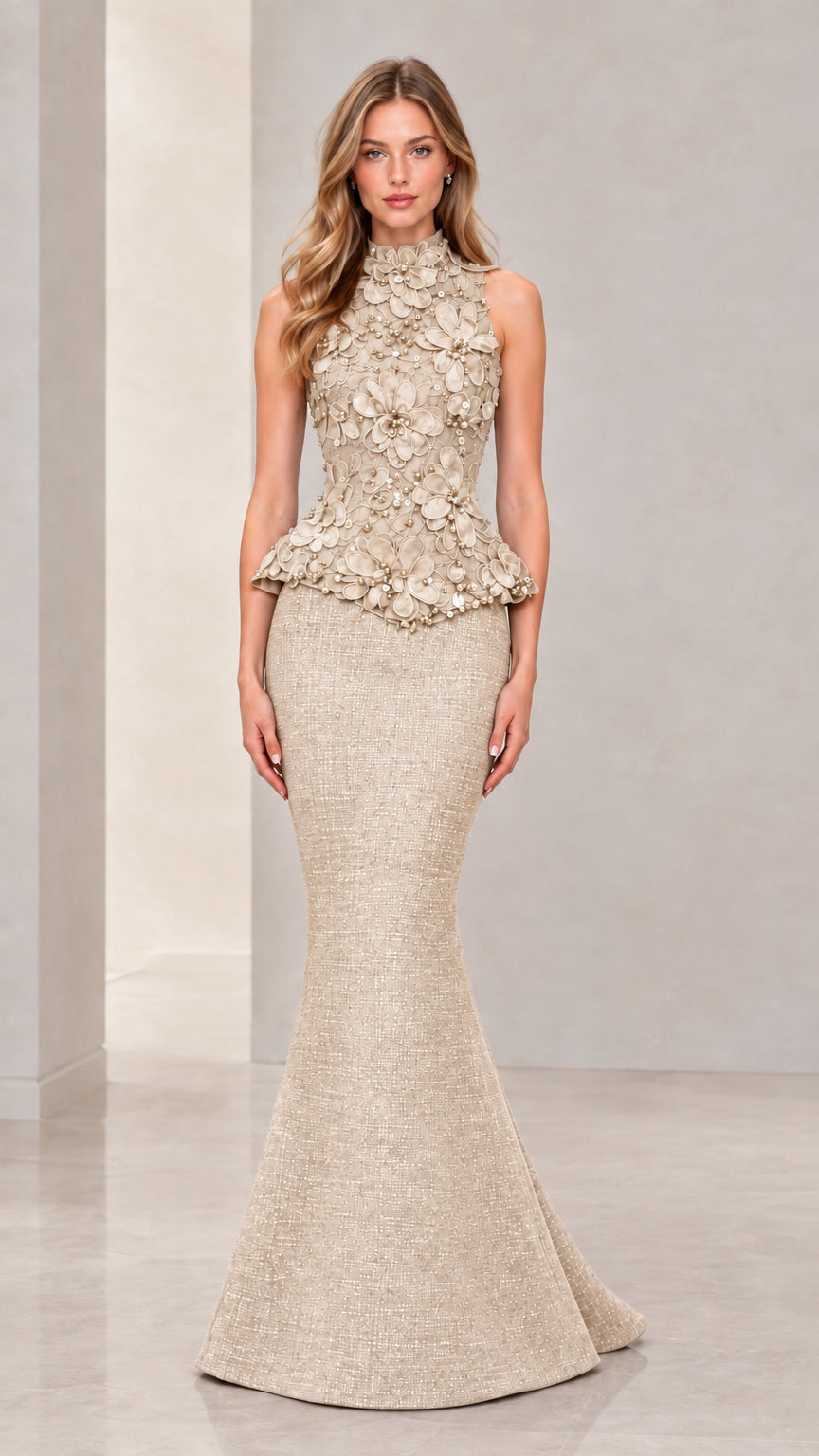 Front view of model wearing Champagne gold floral appliqué peplum mermaid gown