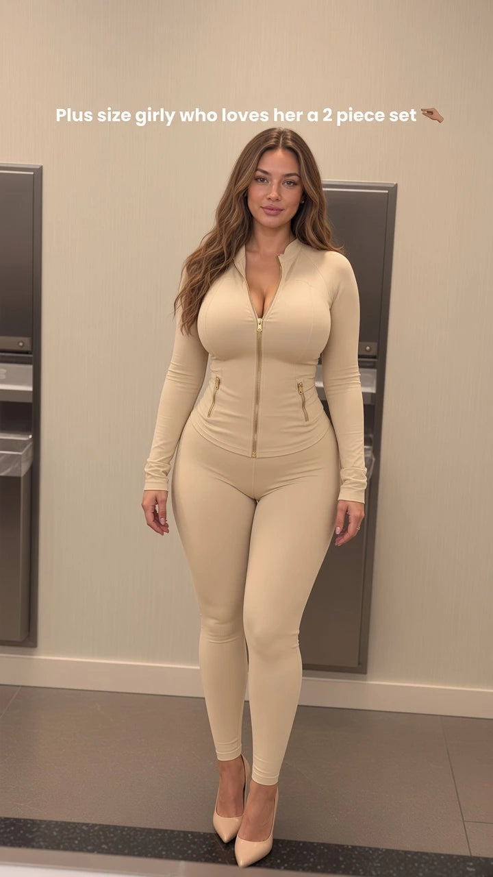 Full-length front view of woman wearing beige neutral 2-piece track jacket and leggings set