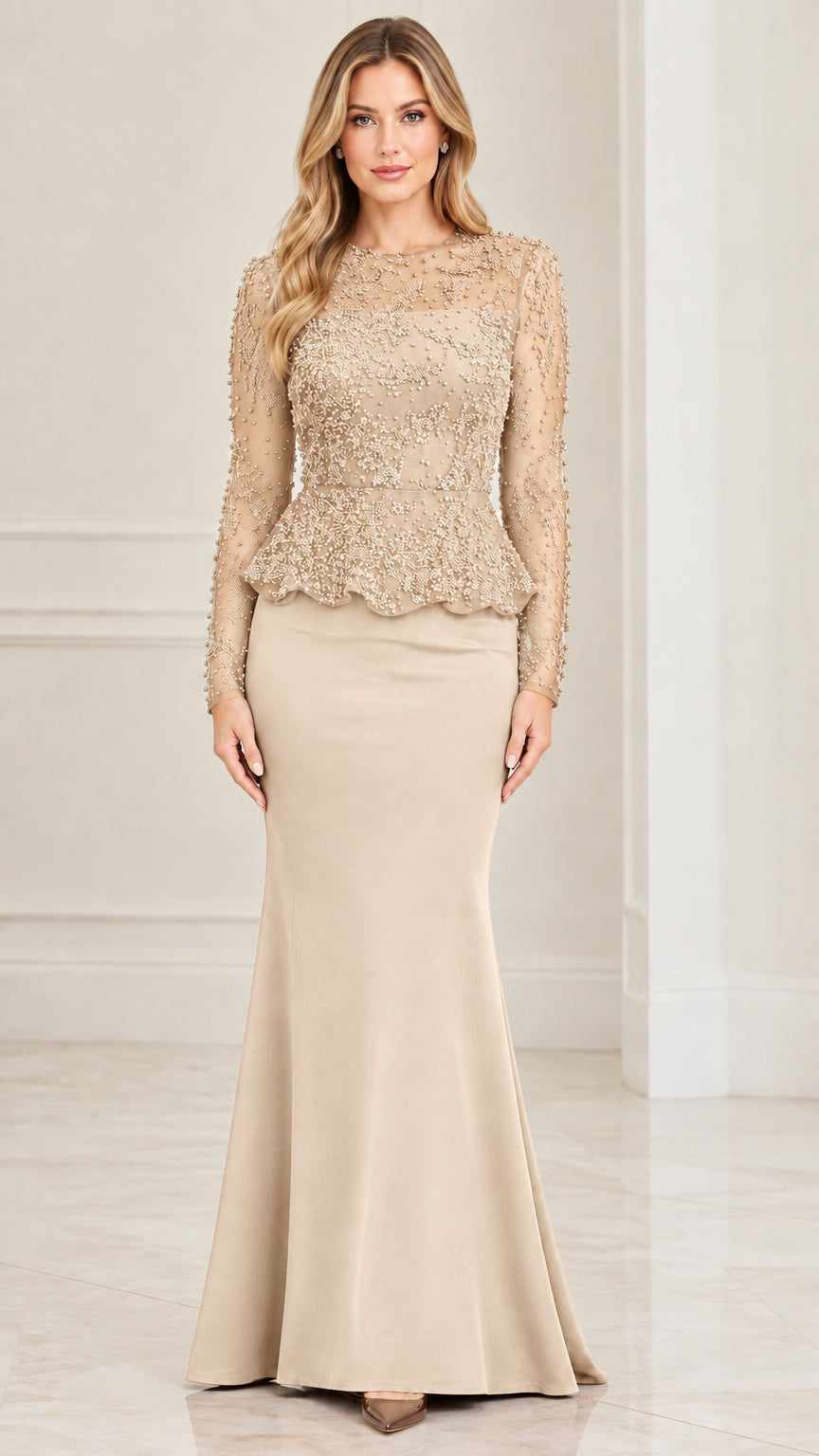 Front full-length view of model in champagne beige beaded peplum evening gown