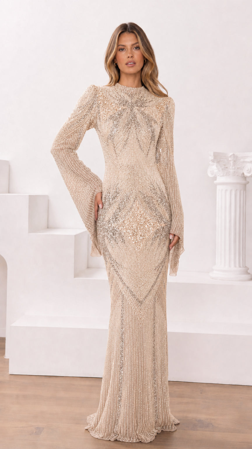 Champagne gold embellished floor-length evening dress