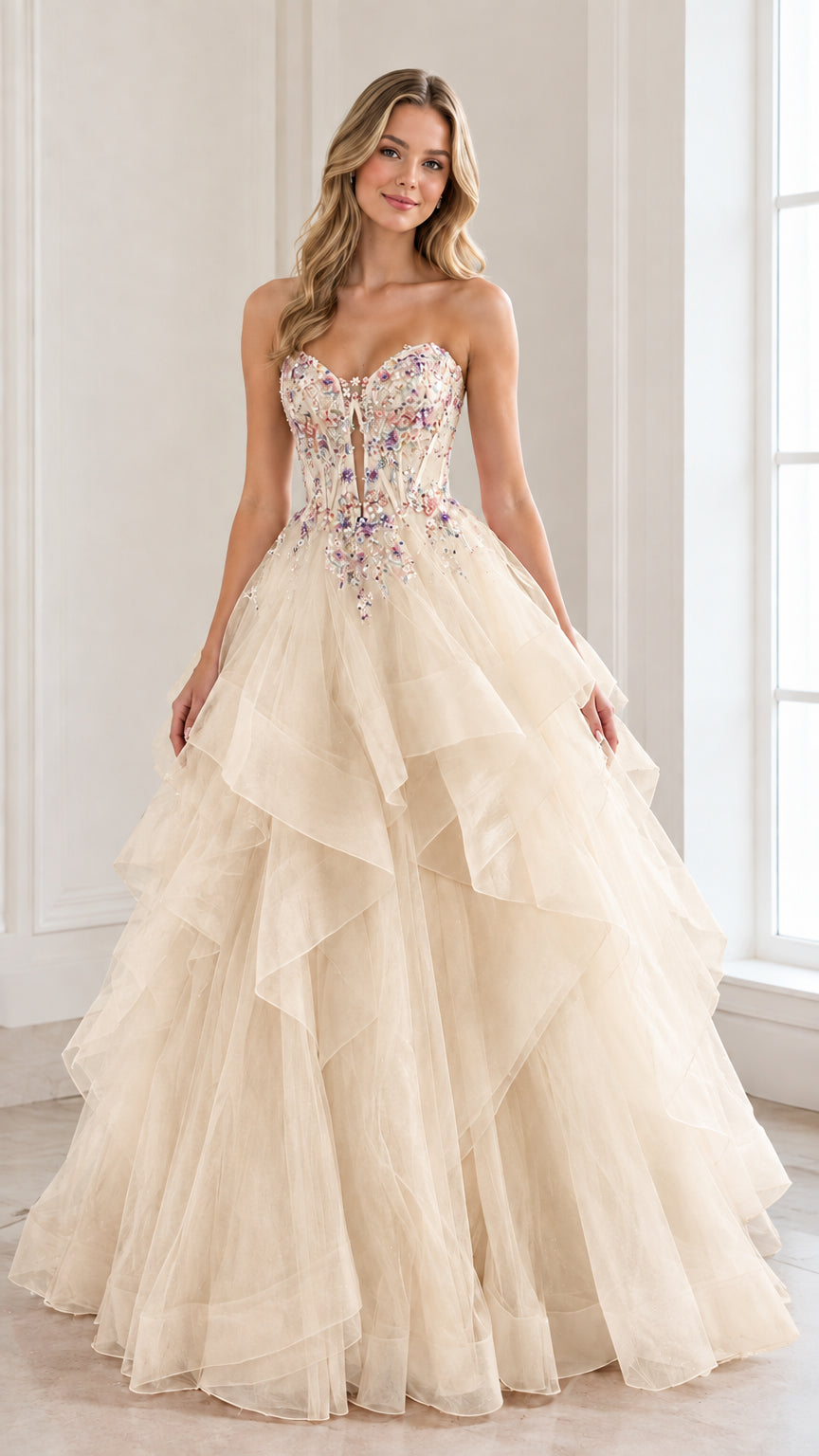 Front view of woman wearing a champagne cream strapless tiered tulle ball gown with beaded bodice