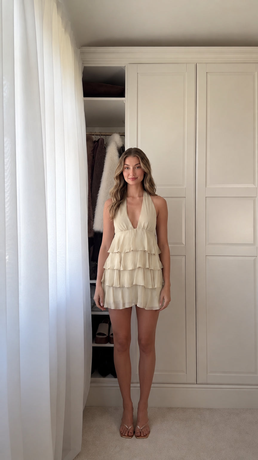 Front view of woman wearing cream light yellow halter neck tiered ruffle mini dress
