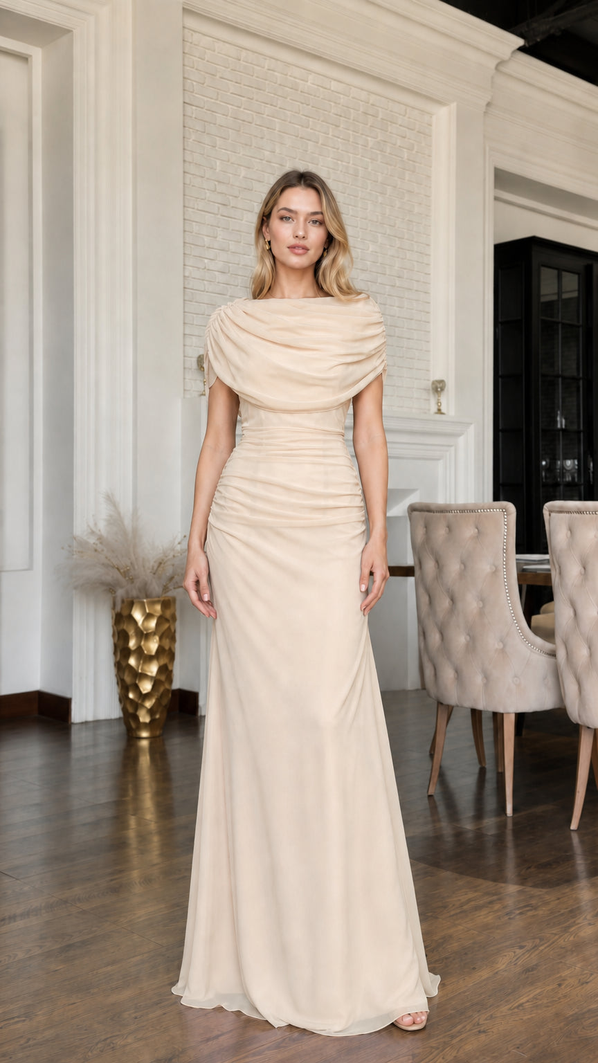 Full front view of champagne beige formal evening maxi gown