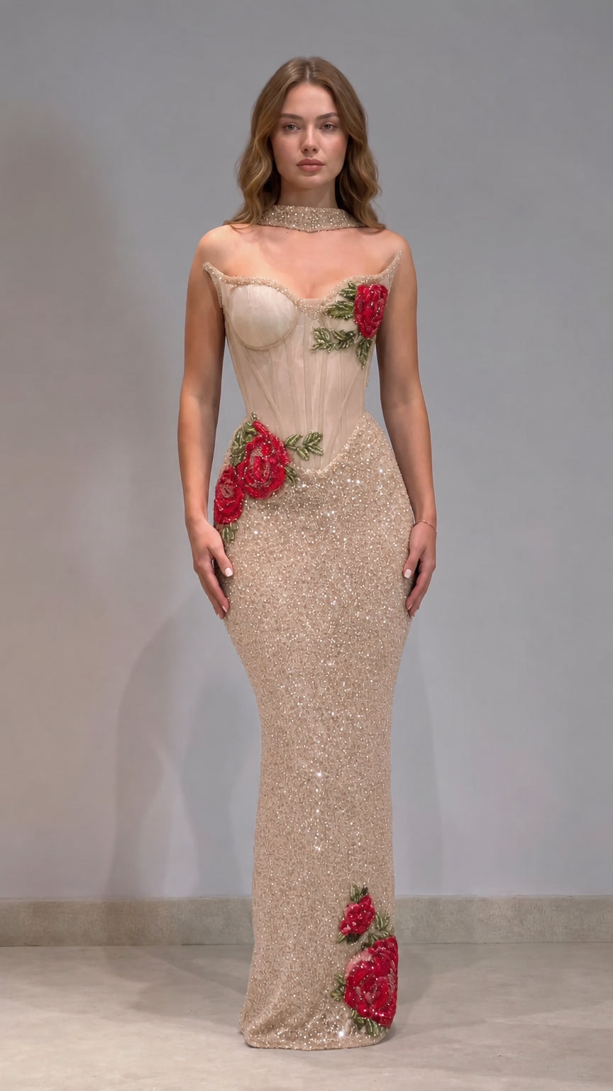 Champagne gold corset sequin mermaid evening gown with red rose floral details