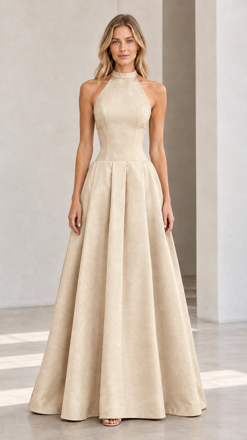 Full-length studio view of model wearing champagne beige halter pleated evening gown
