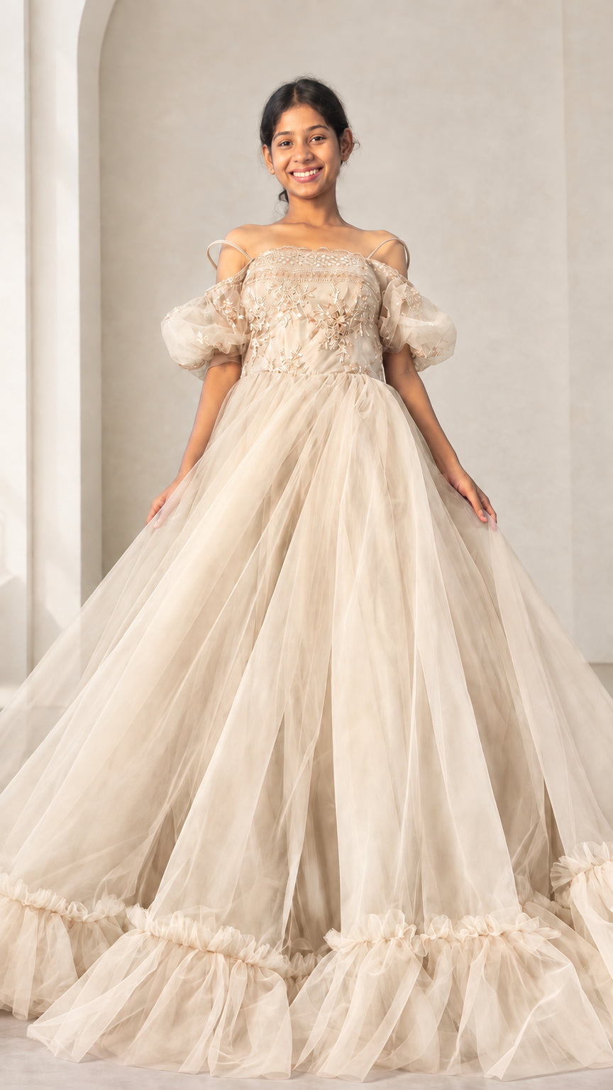 Full front view of champagne beige embroidered off-shoulder tulle ballgown
