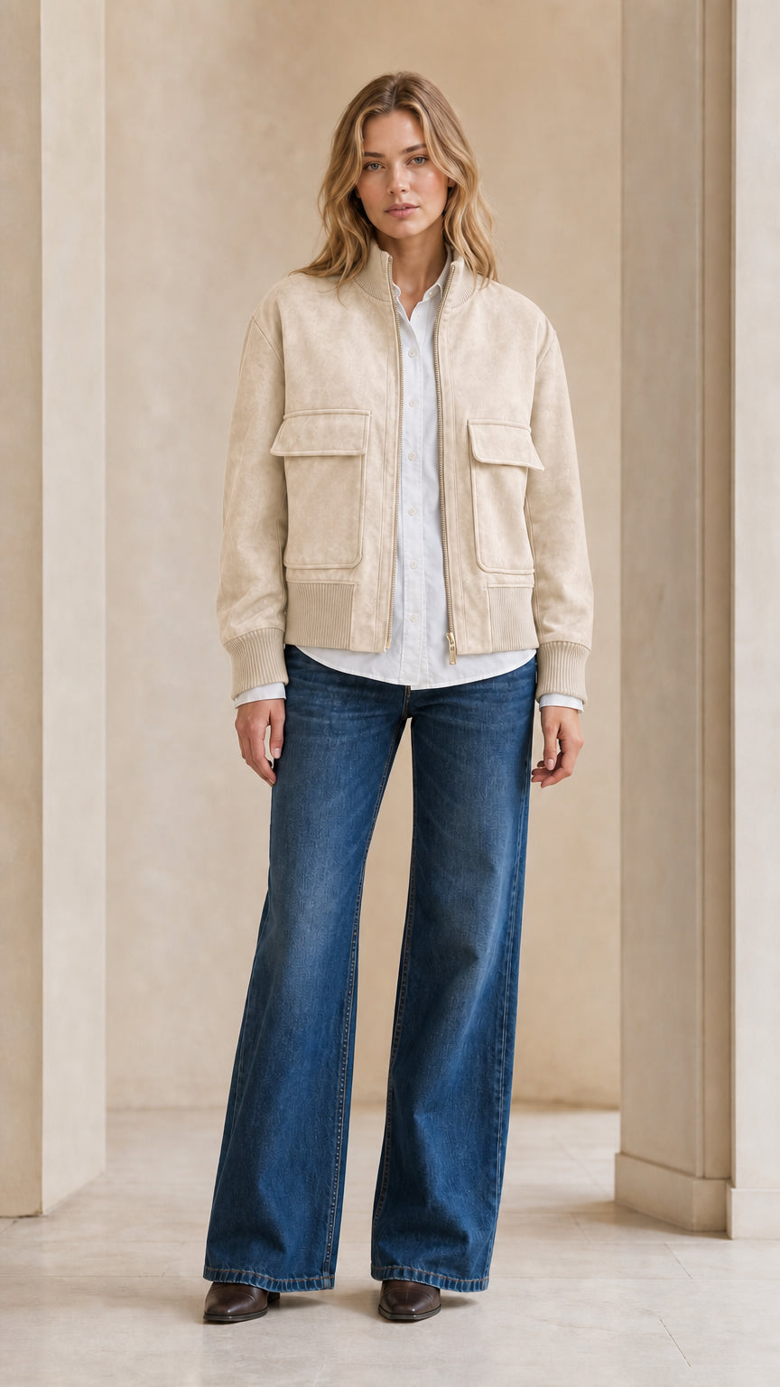 Full front view of model wearing cream beige faux suede bomber jacket