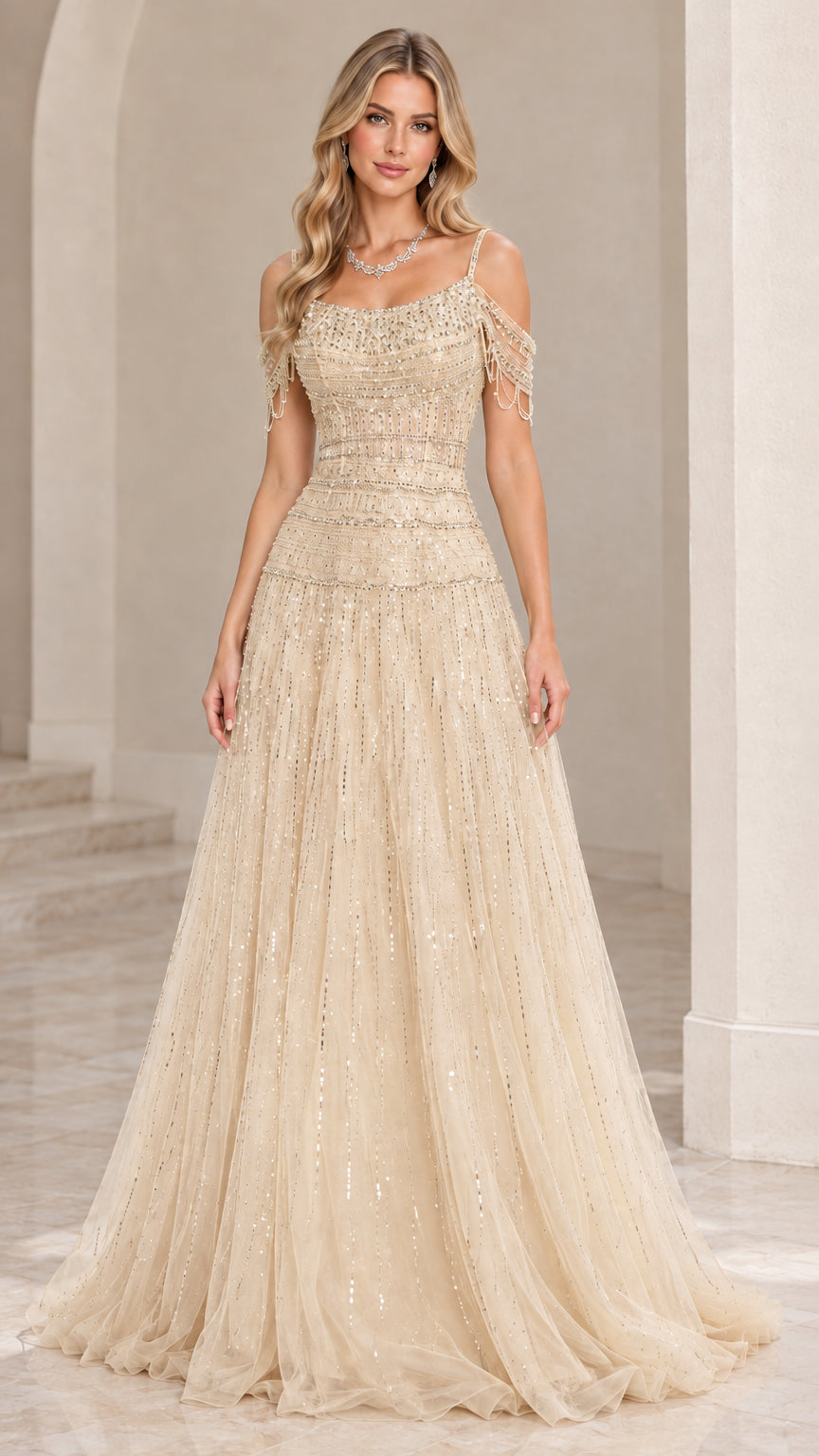 Front view of champagne gold cold-shoulder beaded A-line formal gown