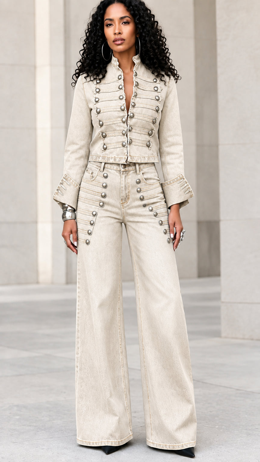 Model wearing beige cream military cropped denim jacket and wide-leg pants set