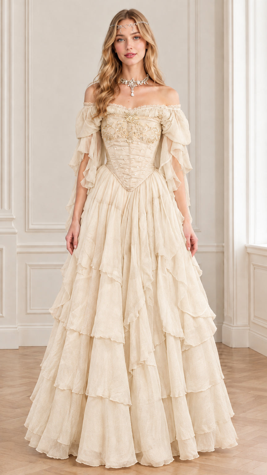 Champagne ivory off-the-shoulder tiered fairycore evening ball gown