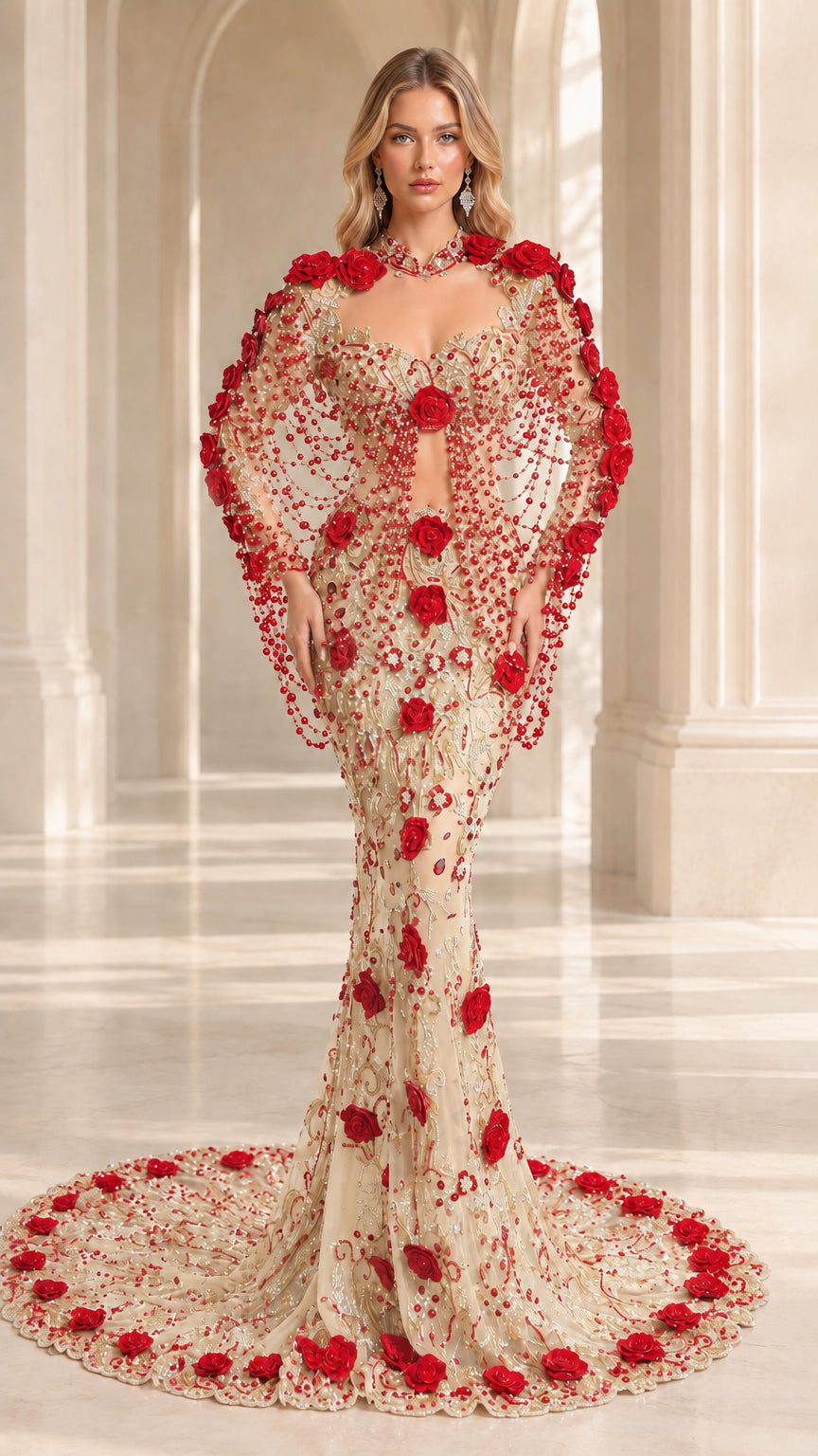 Full-length view of champagne and red floral applique beaded mermaid gown