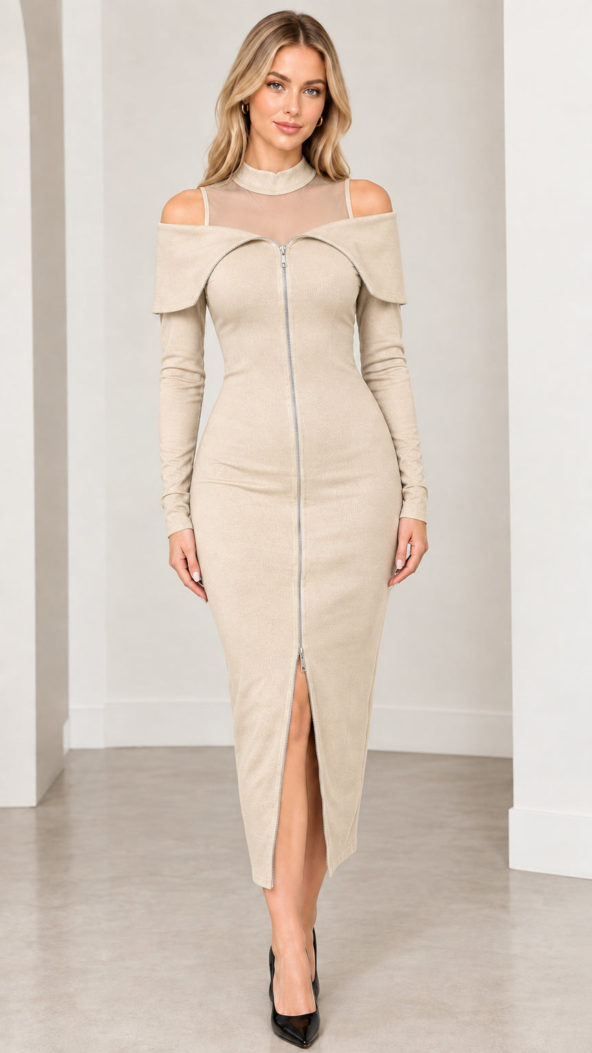 Front view of beige mesh mock neck cold shoulder zip front midi dress