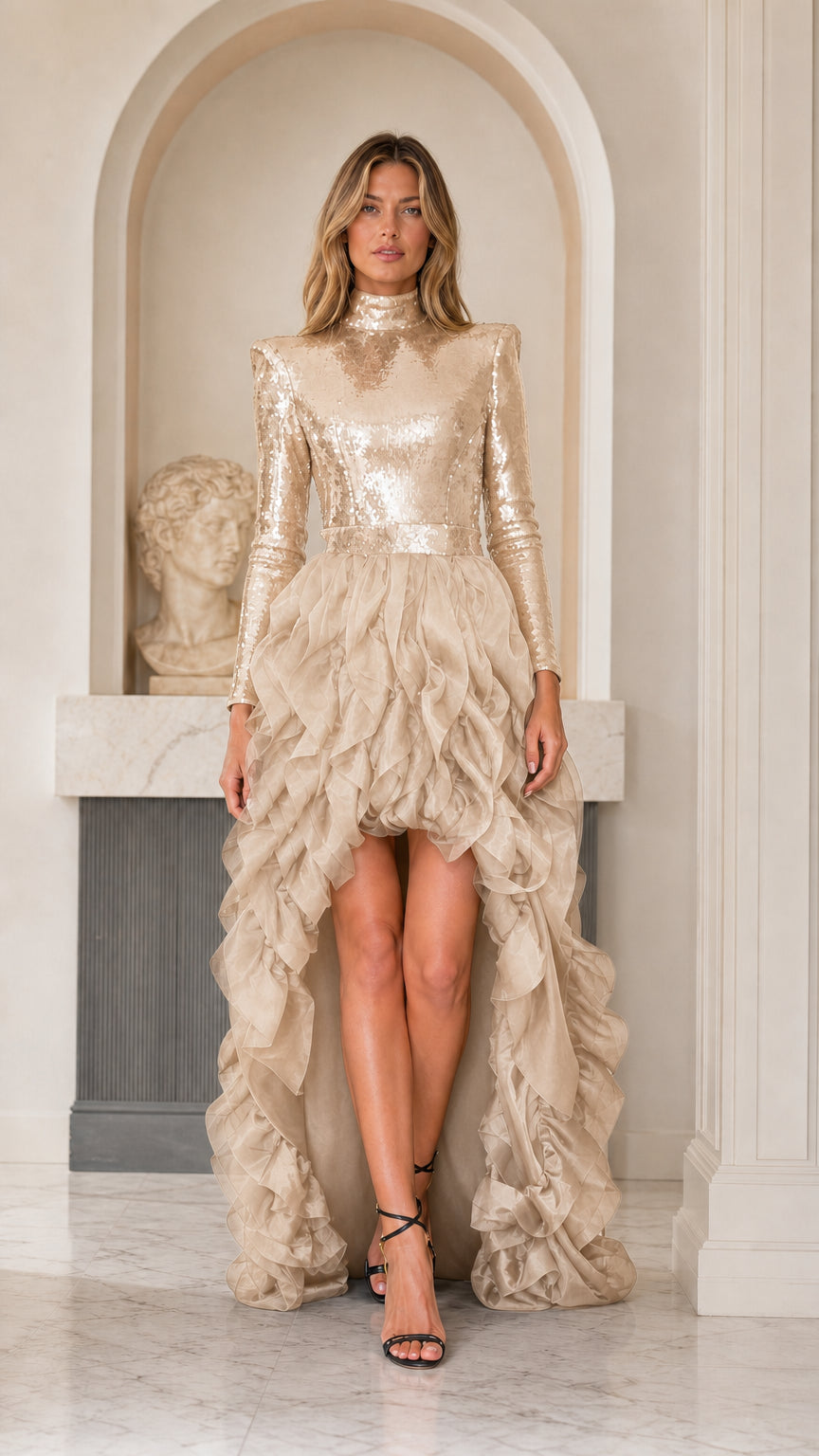 Front view of champagne gold sequin long sleeve high-low formal evening dress