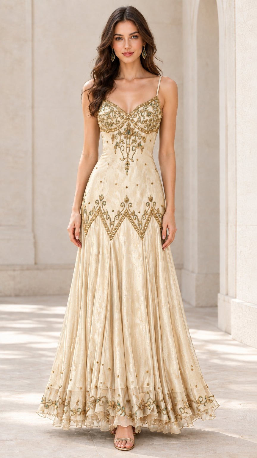 Front view of woman in champagne gold embroidered sweetheart maxi evening gown
