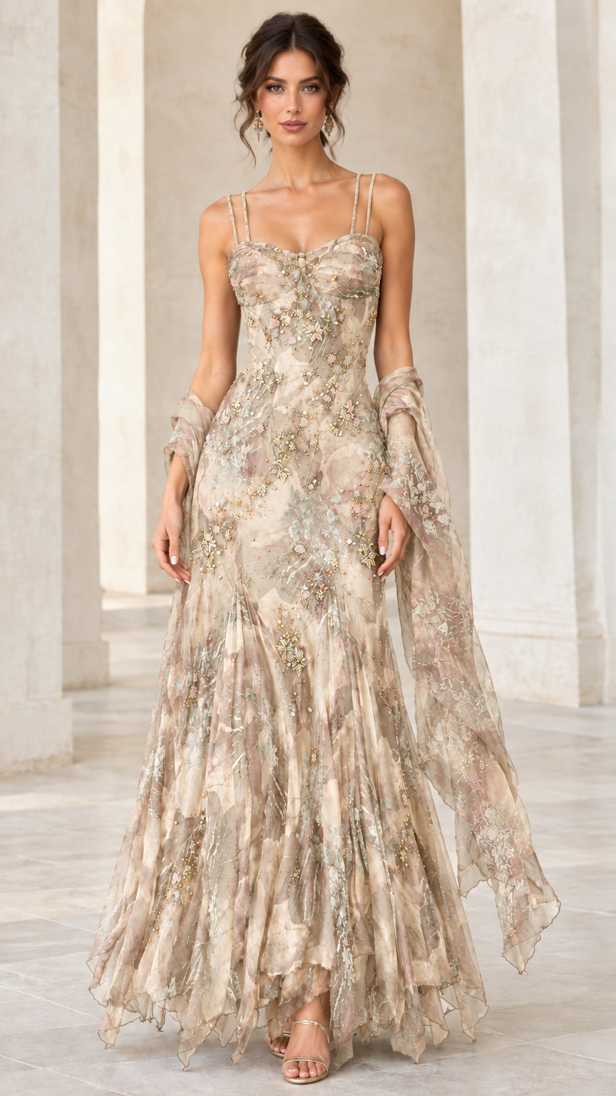 Front view of woman wearing champagne beige floral print evening gown with matching wrap