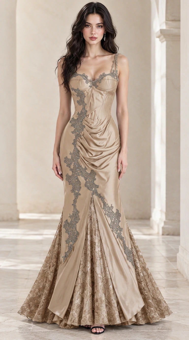 Front view of model wearing Champagne Gold embroidered lace satin mermaid gown