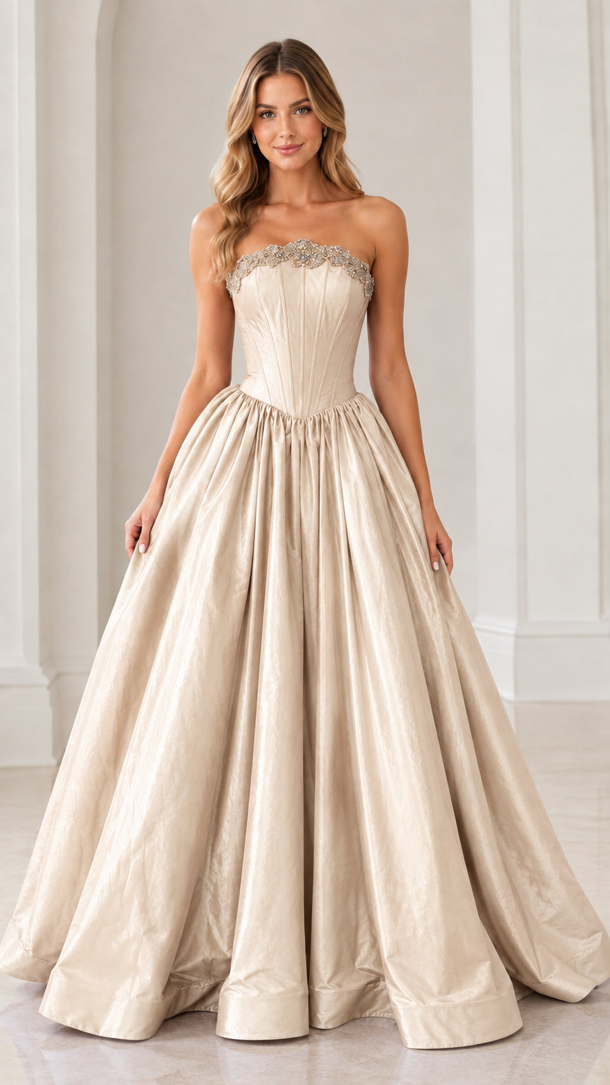Model wearing luminous champagne beige strapless beaded corset ball gown
