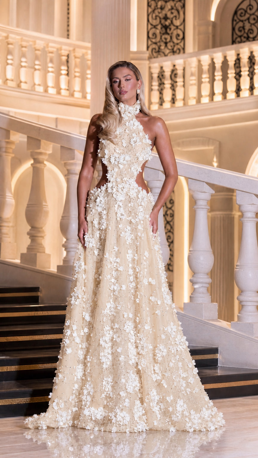 Full front view of champagne cream 3D floral cutout evening gown