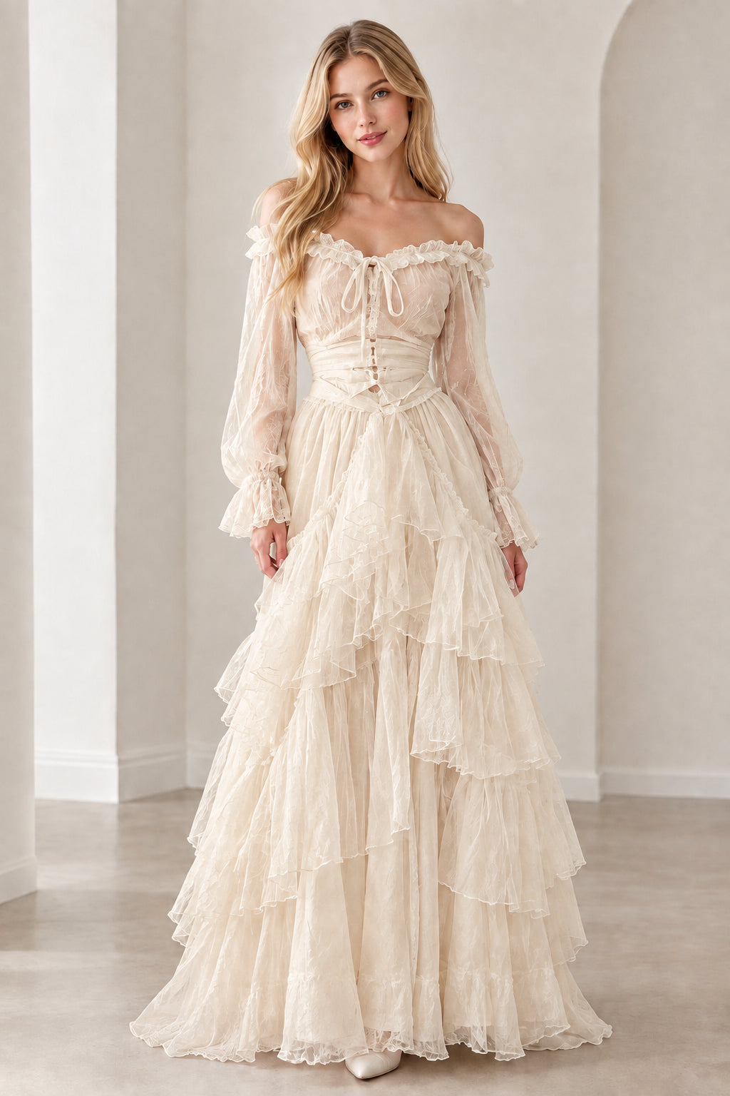 Champagne cream off-shoulder ruffled maxi gown