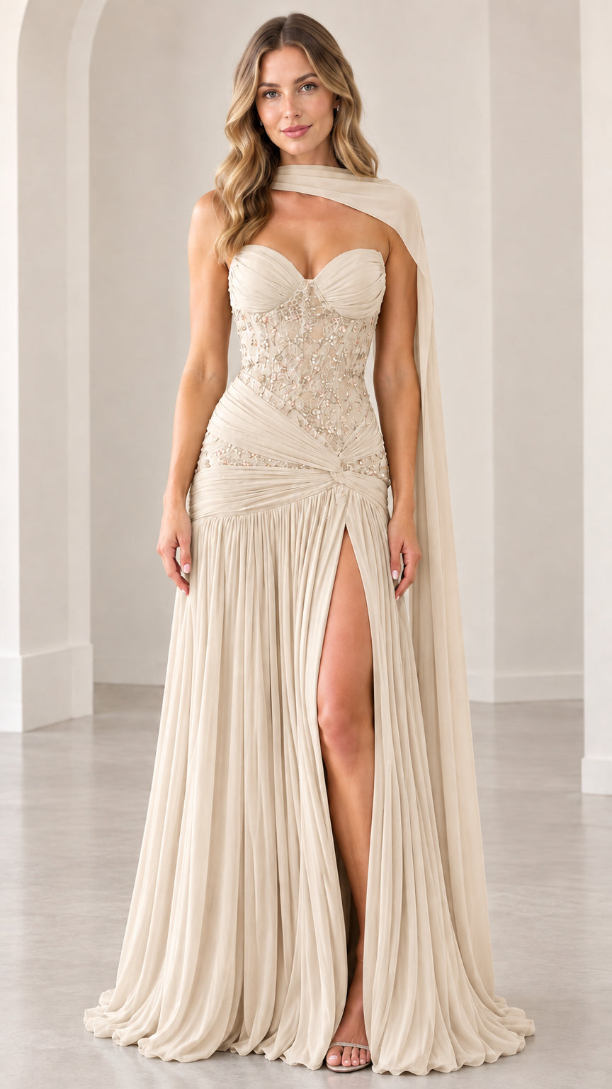 Front view of champagne beige strapless evening gown with sequin bodice and flowing slit skirt