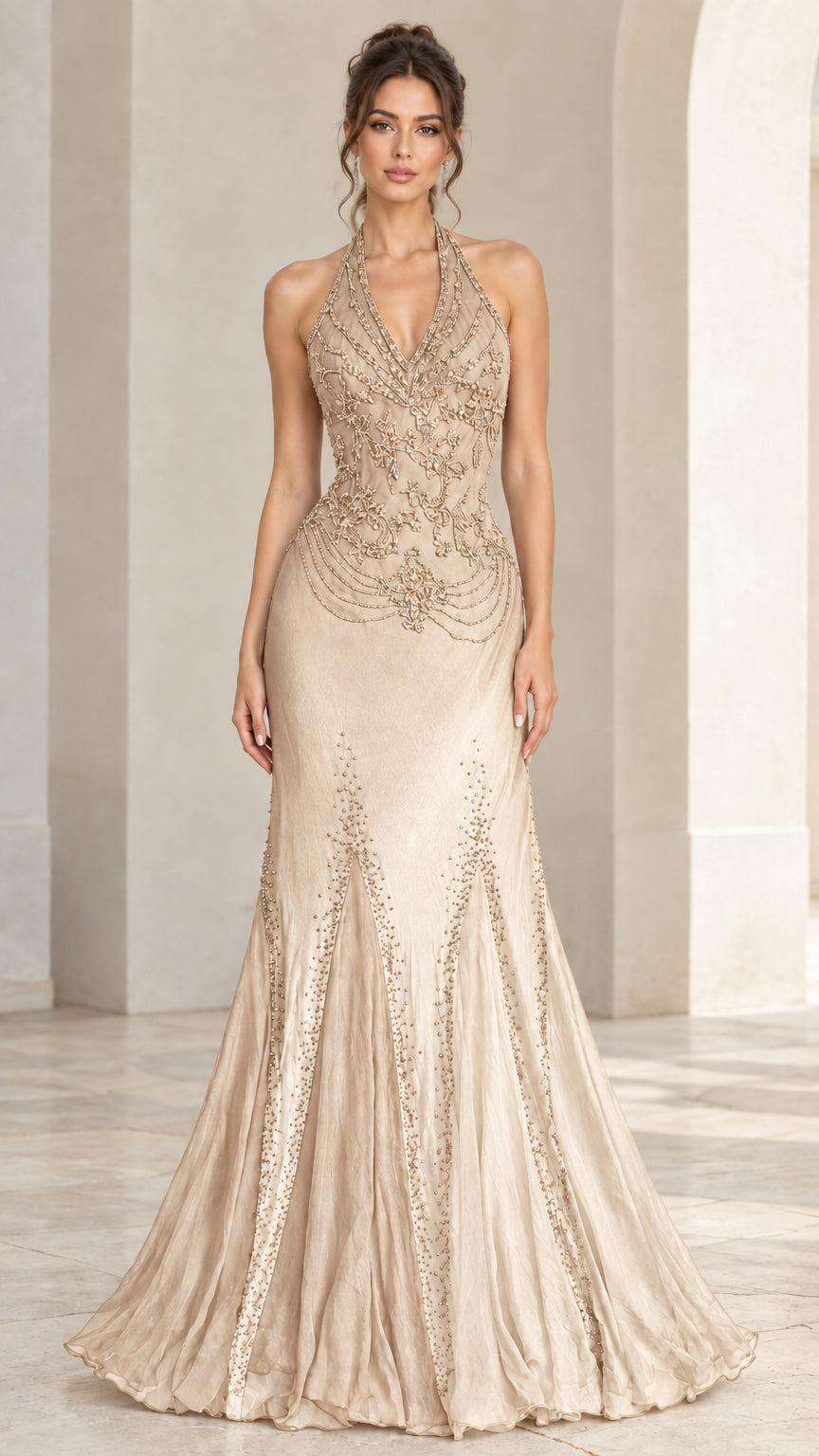 Front view of champagne beige beaded halter formal dress