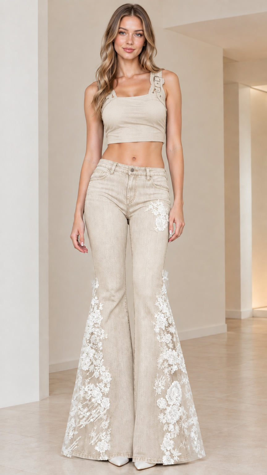 Front view of Beige neutral flare jeans with sheer floral lace flare panels
