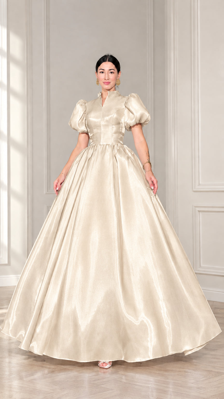 Champagne gold high neck puff sleeve satin formal gown