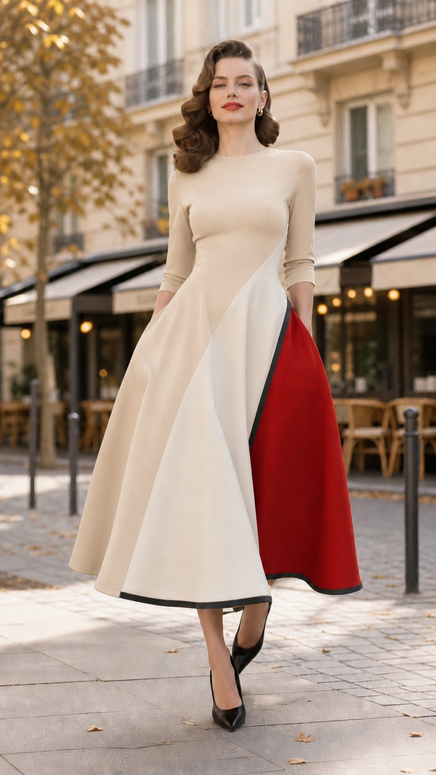 Woman wearing Beige and cream colorblock flared midi dress with red contrast panel