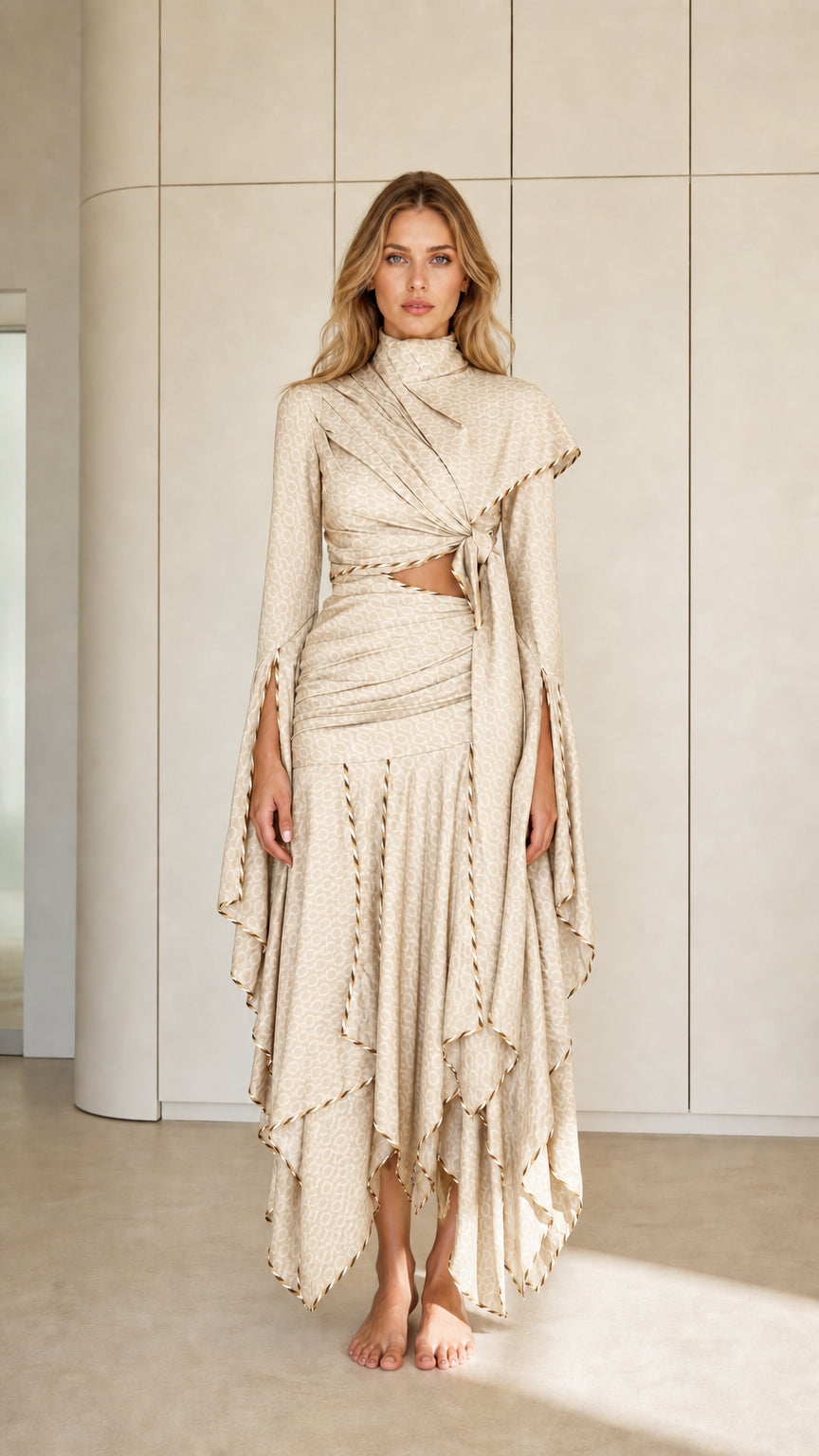 Front view of Champagne cream high neck cutout maxi dress with cascading ruffled hem
