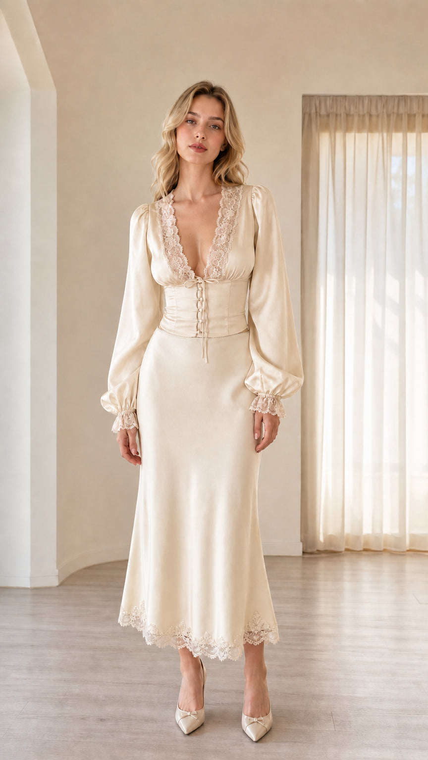 Full front view of woman wearing ivory cream satin lace-trim two-piece midi set