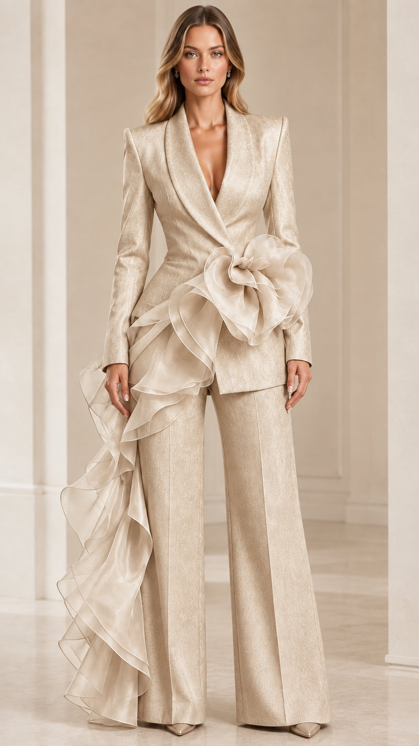 Front view of model wearing champagne beige dramatic ruffle blazer and wide-leg evening suit