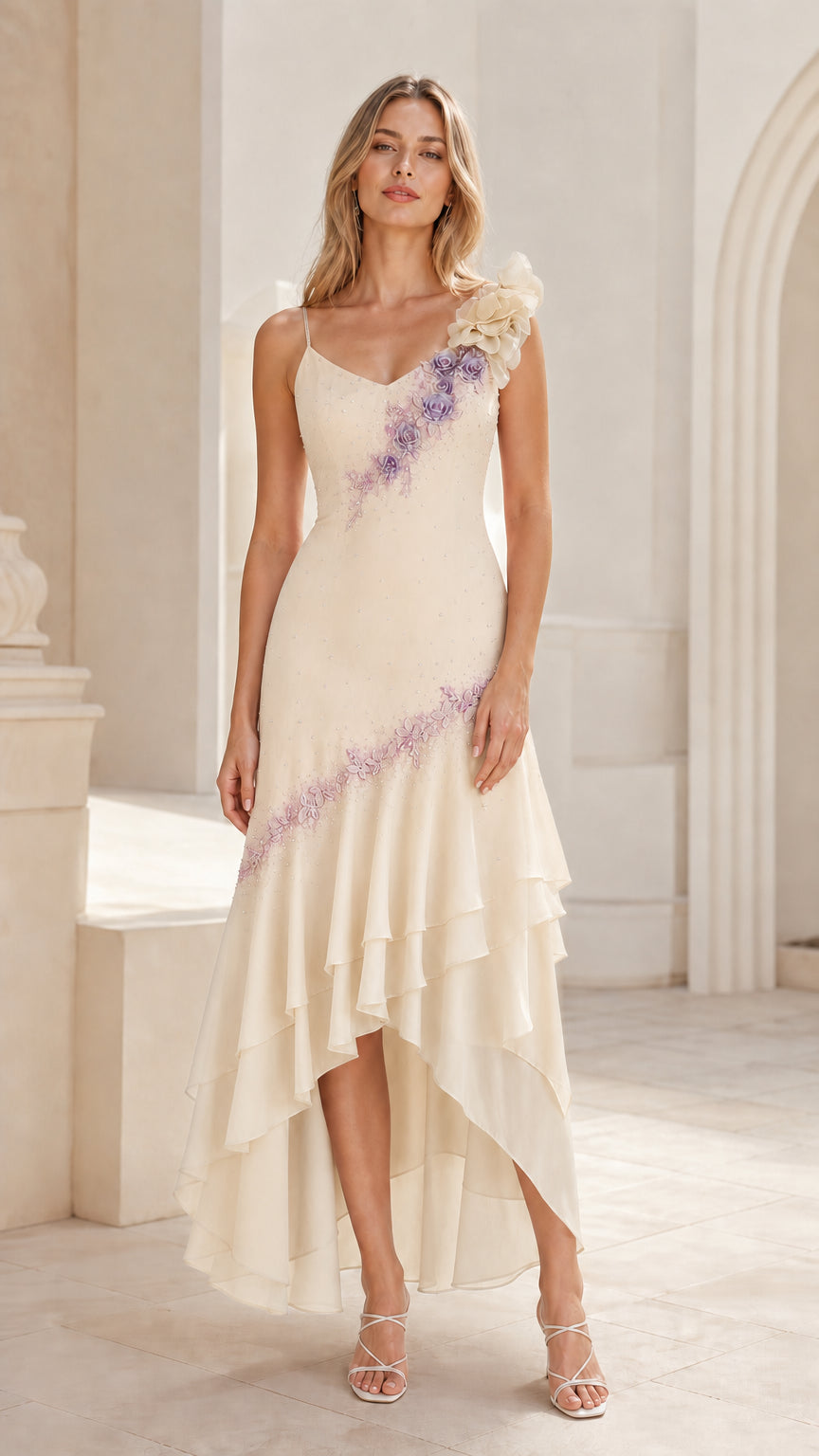 Champagne cream high-low ruffle formal gown with embroidered floral details