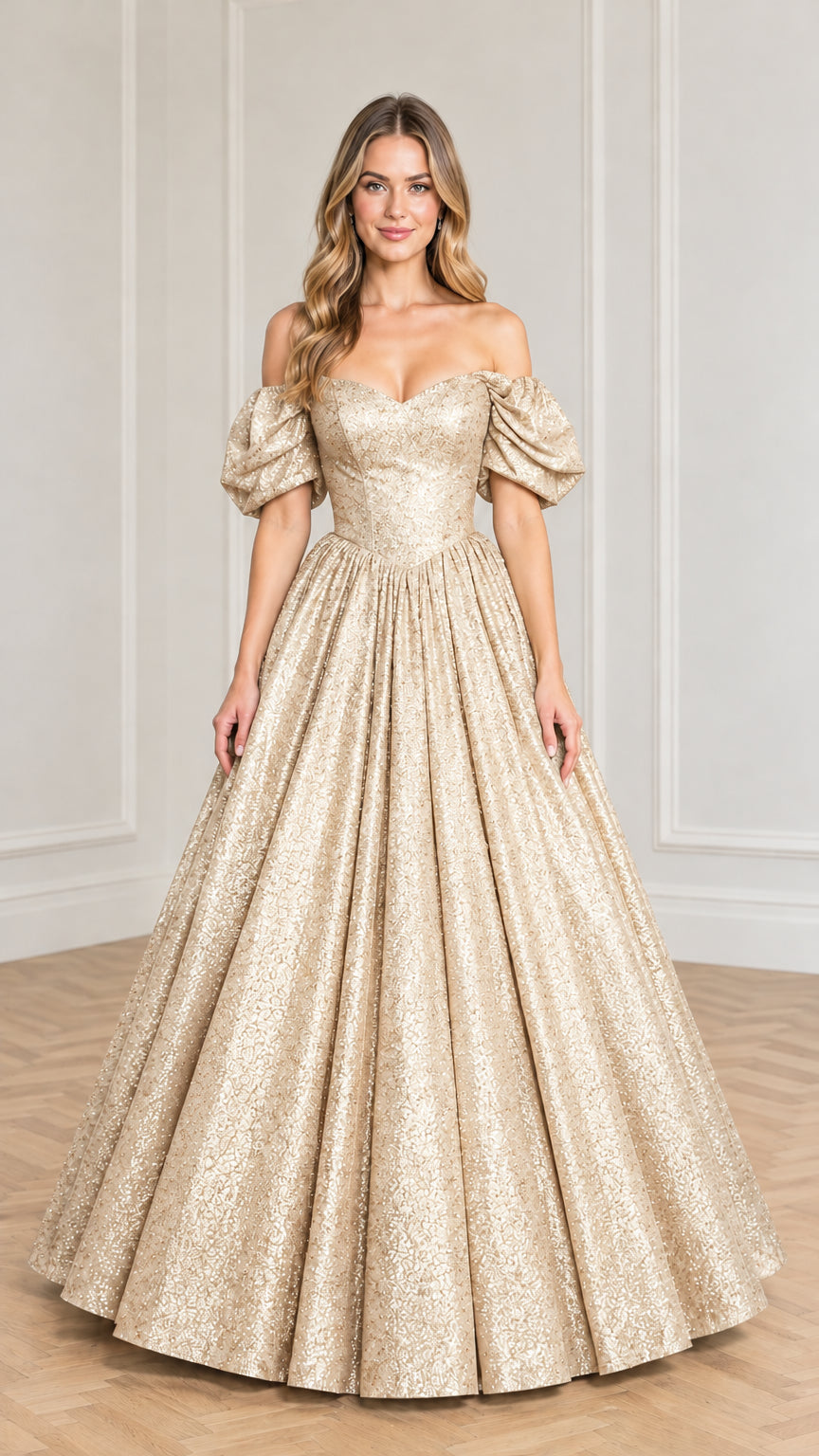 Front view of model wearing champagne gold glitter off-shoulder puff sleeve ball gown