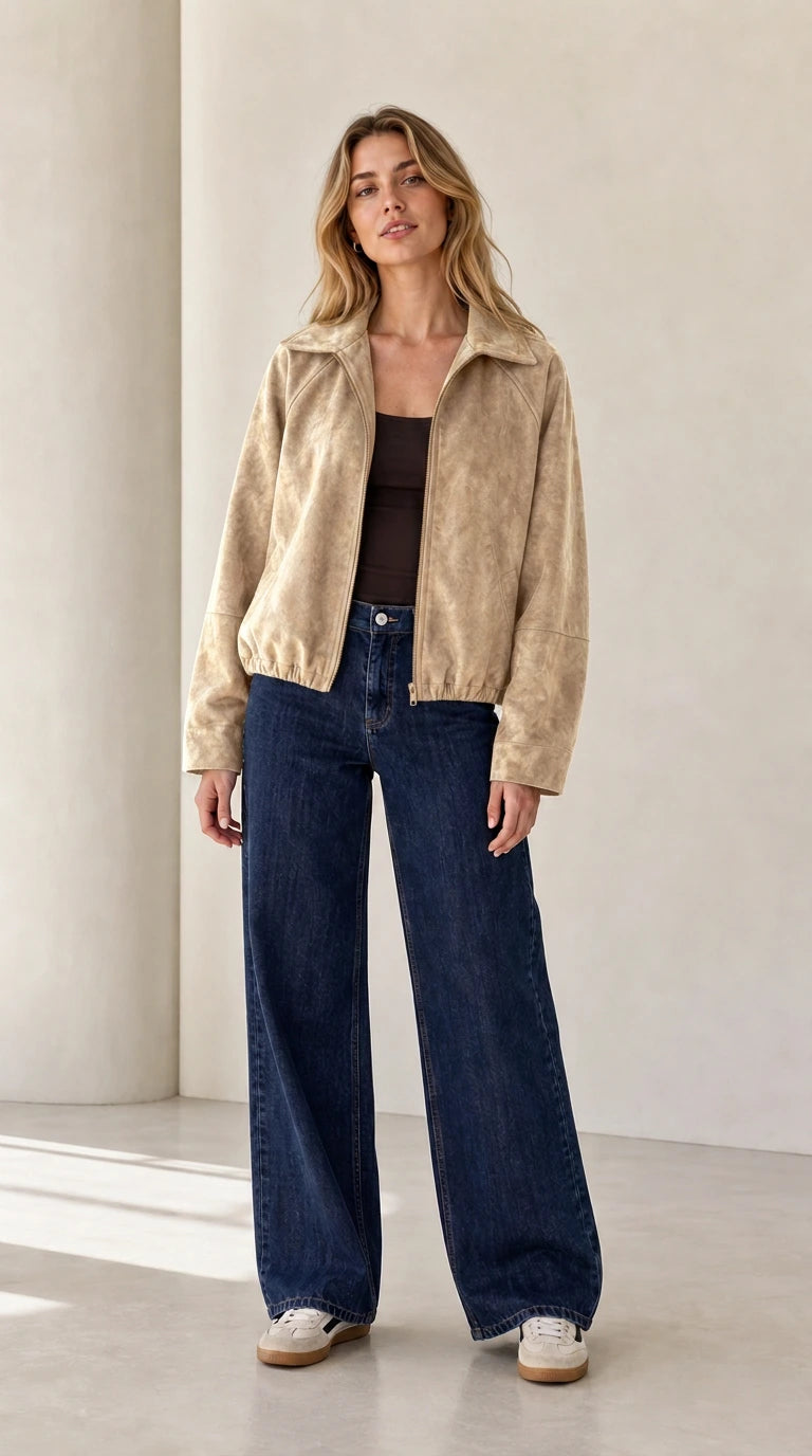 Front view of the beige cropped faux suede jacket styled with denim